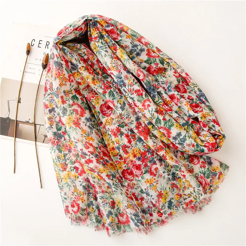 Floral Fringe Viscose Shawl Scarf