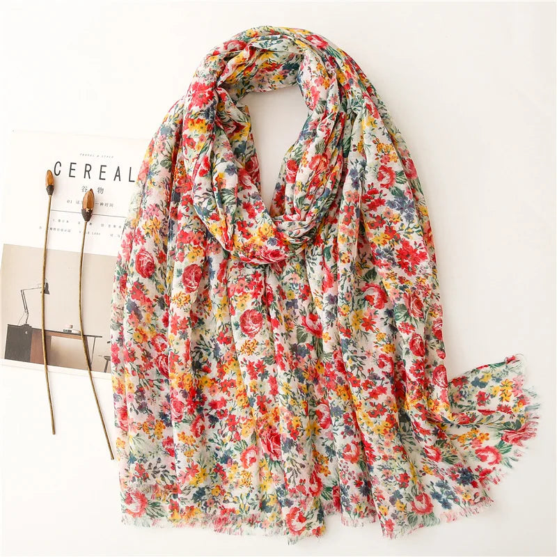 Floral Fringe Viscose Shawl Scarf