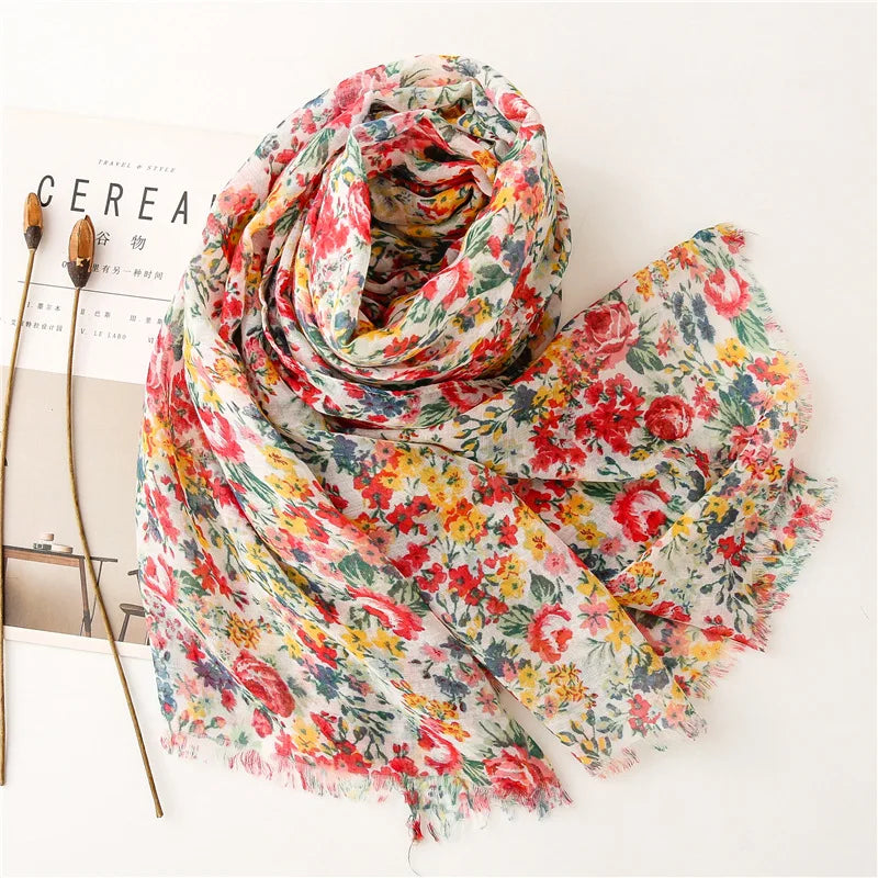 Floral Fringe Viscose Shawl Scarf