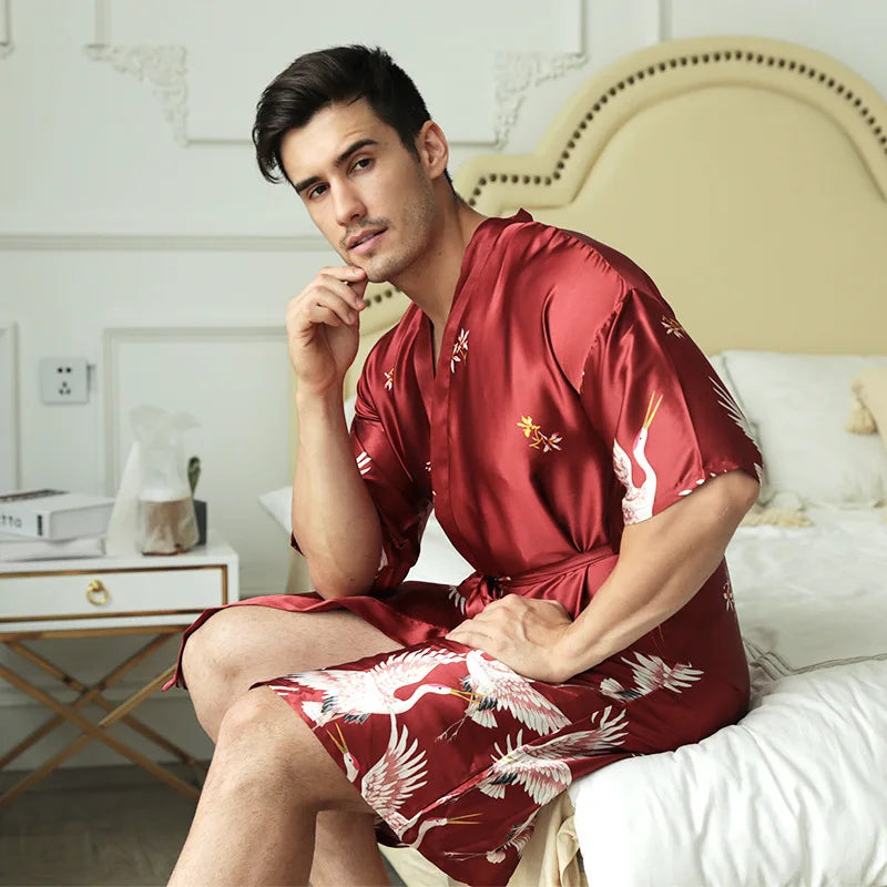 Black Chinese Men Silk Rayon Robe Summer Casual