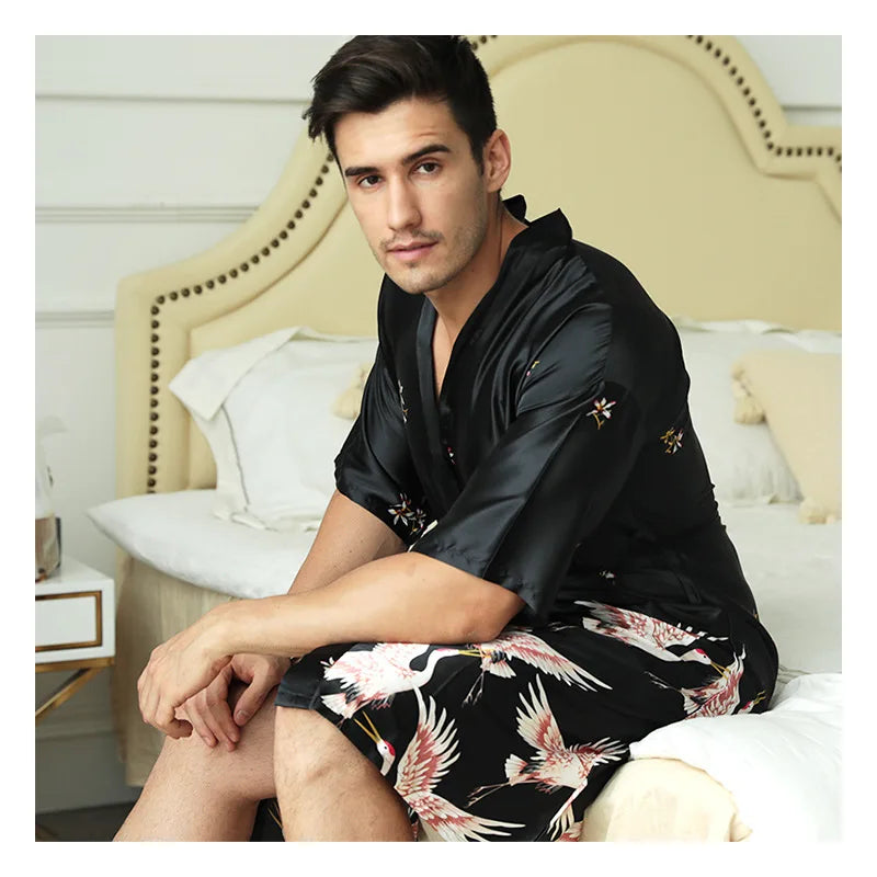 Black Chinese Men Silk Rayon Robe Summer Casual