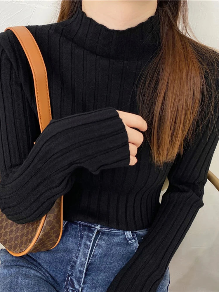 Autumn Winter Knitted Ribbed Turtleneck Sweater Women