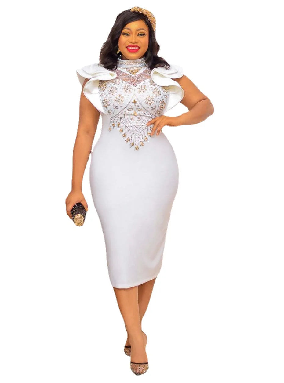African Women Sleeveless Polyester White Knee-length Dress