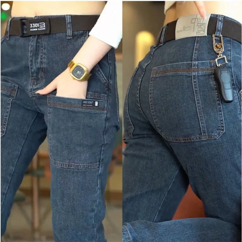 Korea Women Men Jeans Cargo Denim Pants Casual Blue Gray
