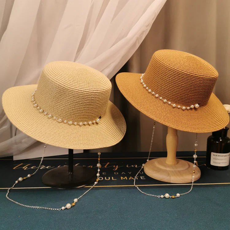 Summer Elegant Pearl Chain Flat Sun Hats for Women