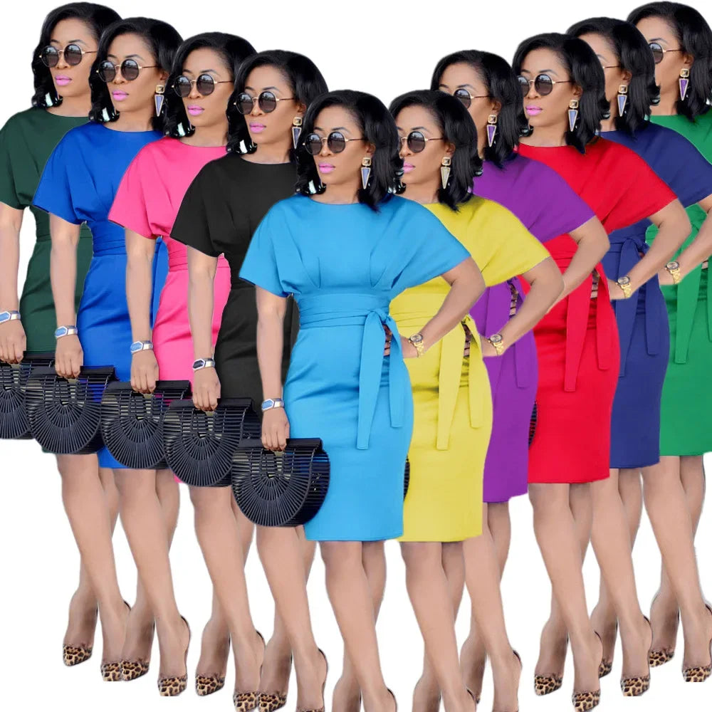 Women's Elegant Pencil Midi Dress Short Sleeve Party Dresses