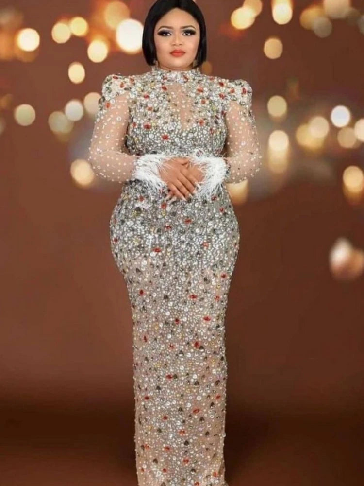 Women Mesh See Though Crystal Feather Hem Long Midi Dress