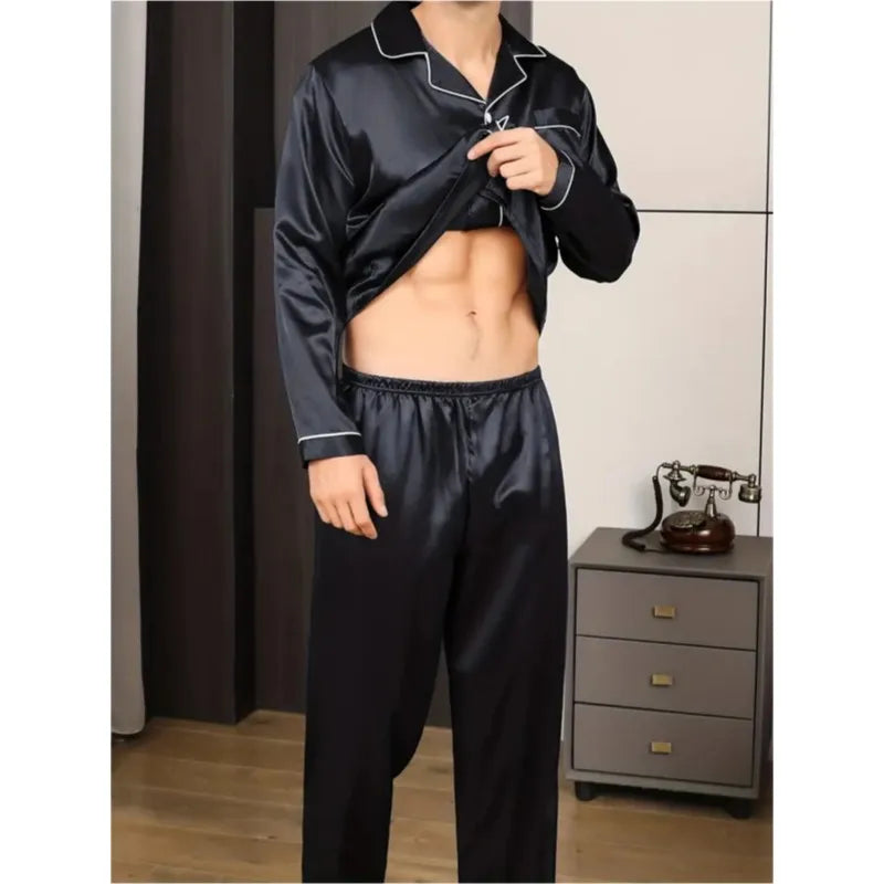 Men's Big Size Pajamas Set Silk Satin Sleepwear