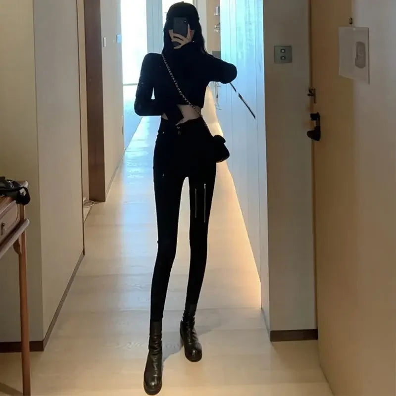 Woman Jeans Pants  Breasted Zipper Skinny Pants