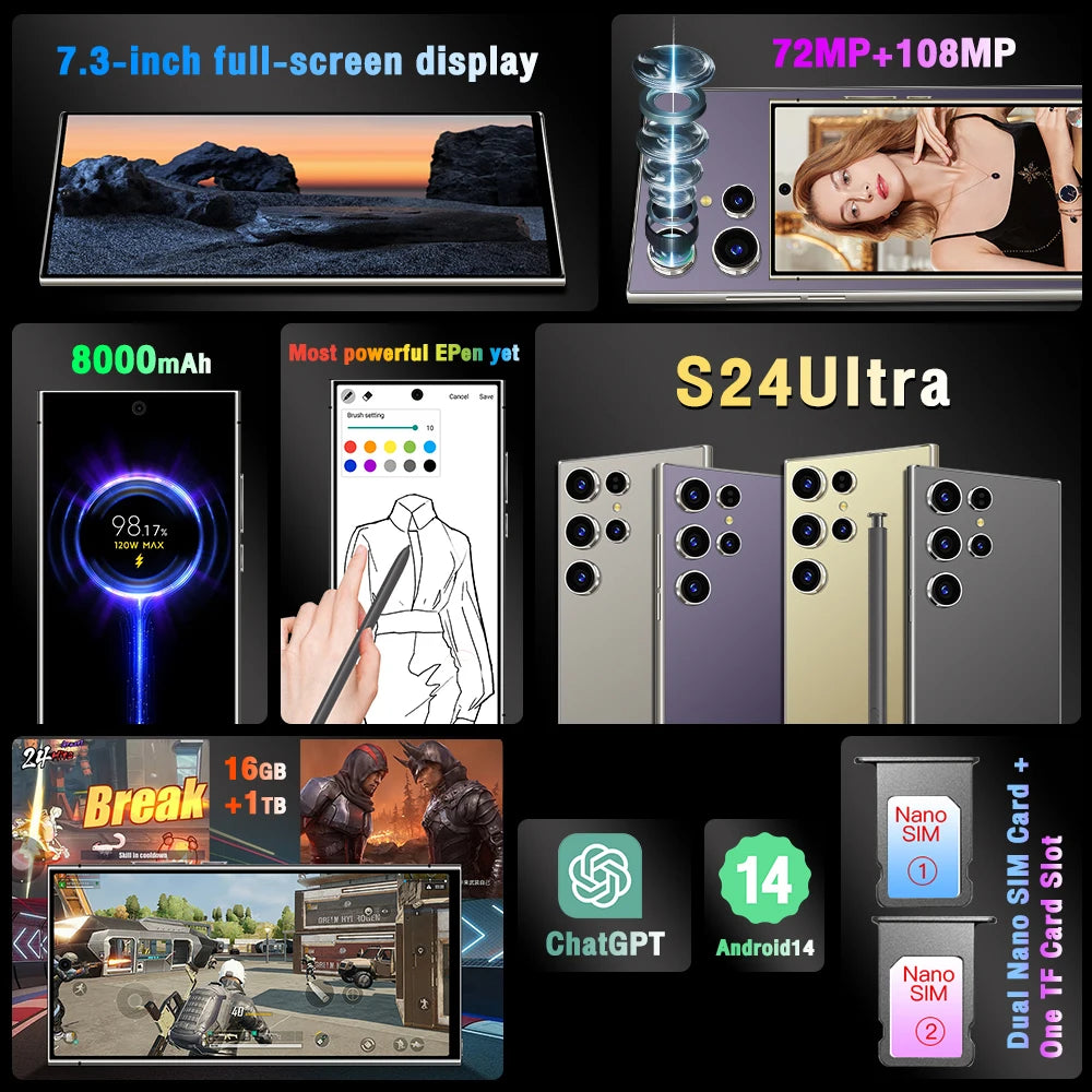 S24 Ultra+ Smartphone Face Recognition 5G Signal Mobile