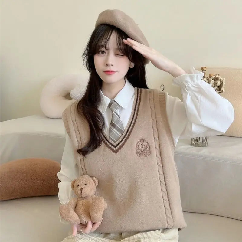 Spring Autumn Winter JK Uniform Knit Vest White Shirt with Tie