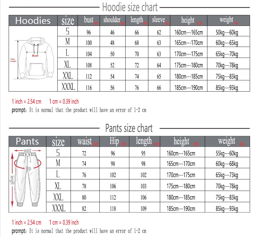 Winter Hoodie Sets Men Fashion Fleece Red Hoodies Pants