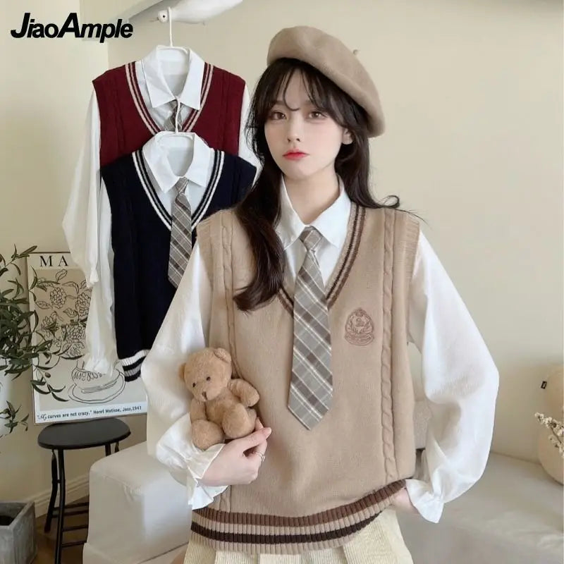 Spring Autumn Winter JK Uniform Knit Vest White Shirt with Tie