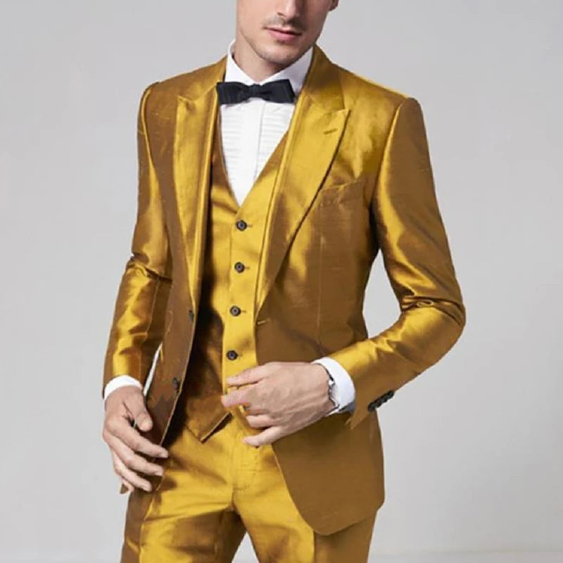 Latest Golden Satin Men Suits Slim Fit Prom Party Stage Groom