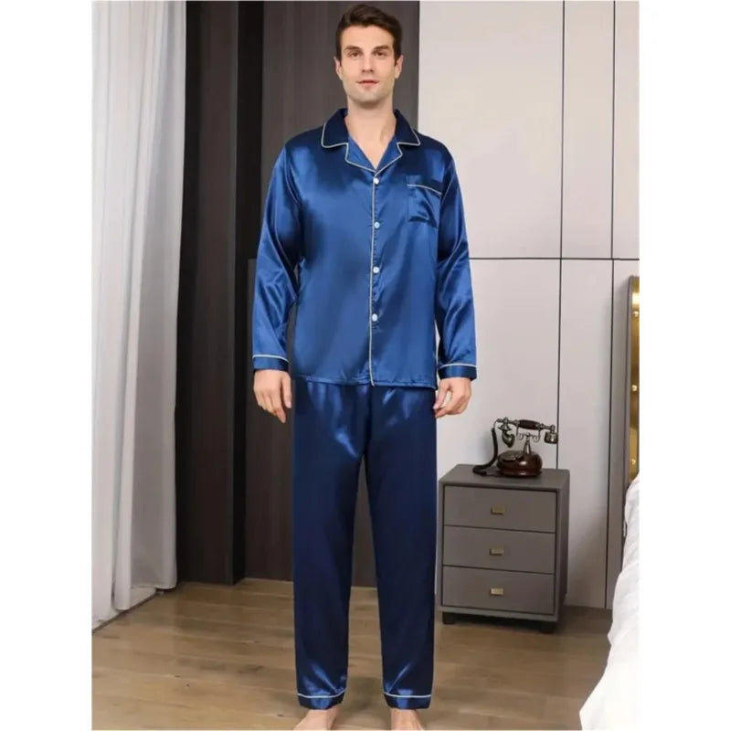 Men's Big Size Pajamas Set Silk Satin Sleepwear