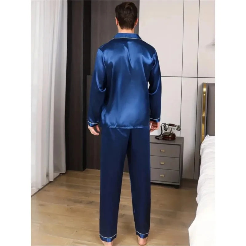 Men's Big Size Pajamas Set Silk Satin Sleepwear