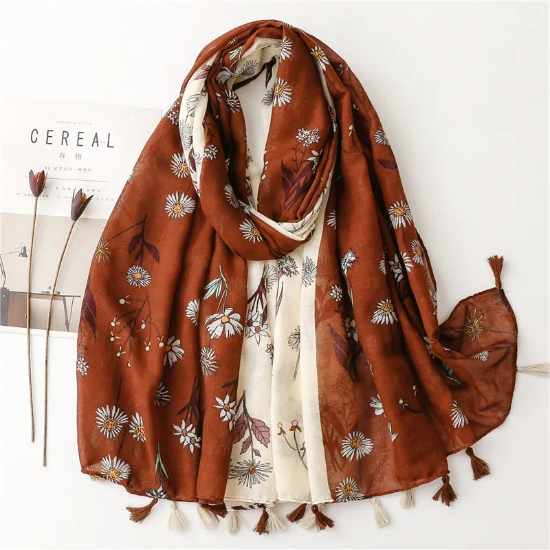 Floral Tassel Viscose Scarf Women Shawls