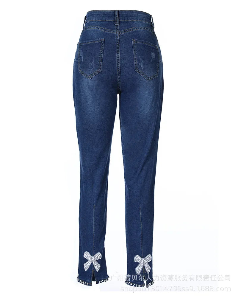 Beaded Slit Bowknot Decor Jeans Autumn