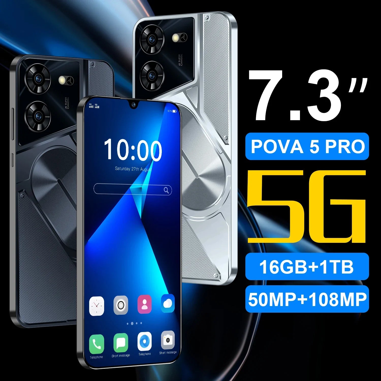 Pova5 Pro Global Version Smartphone 5G 7.3 Inch 16GB+1TB