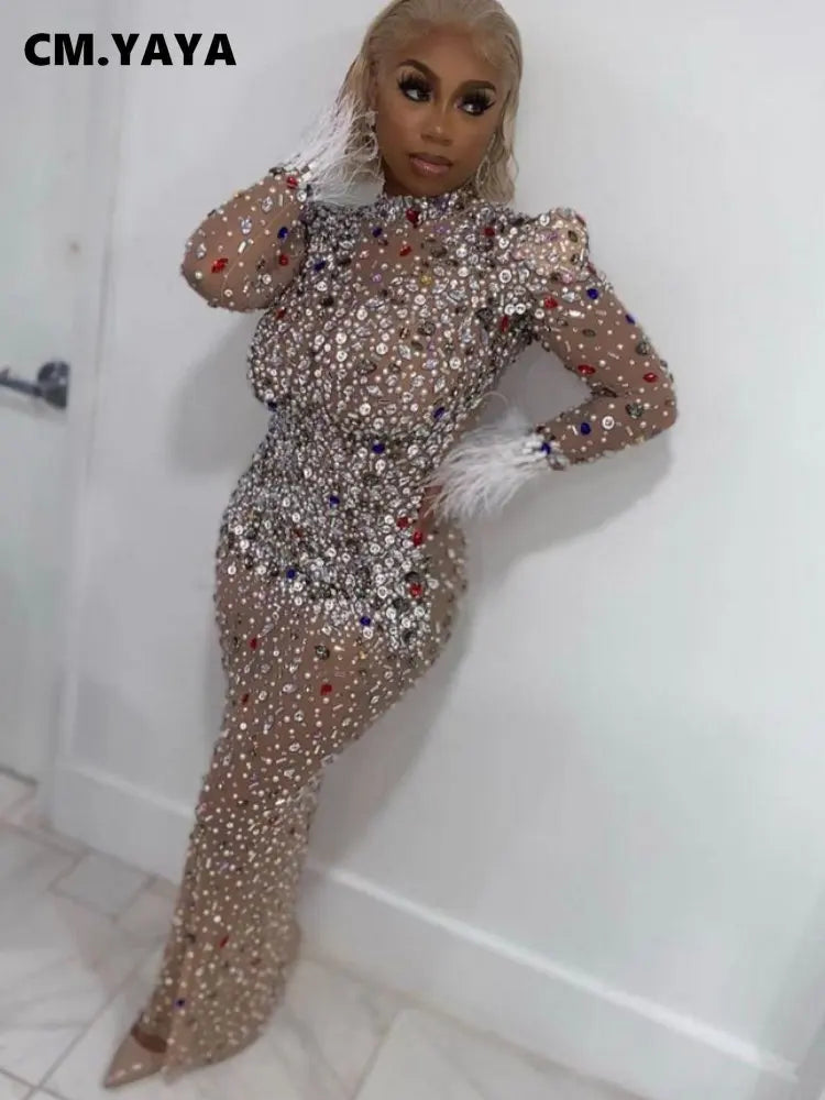 Women Mesh See Though Crystal Feather Hem Long Midi Dress