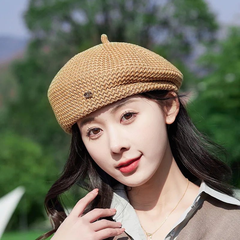 Women Fixed Pleated Paper Straw Beret Summer