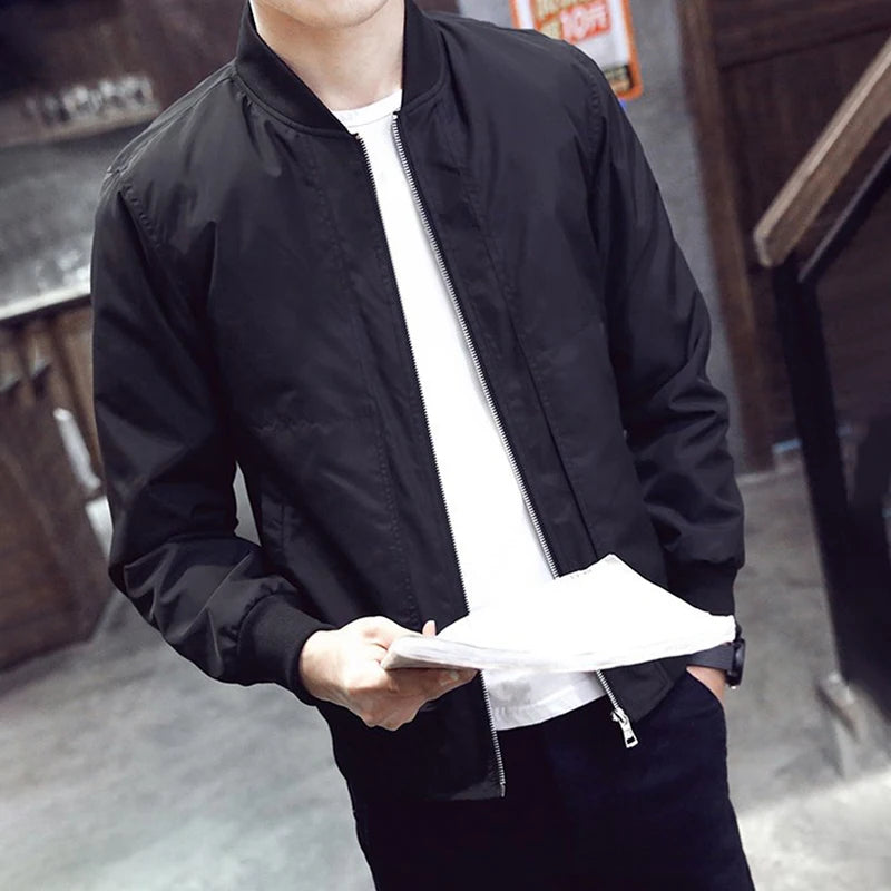 Men's Casual Black Thin Slim Fit Stand Collar Long Sleeved