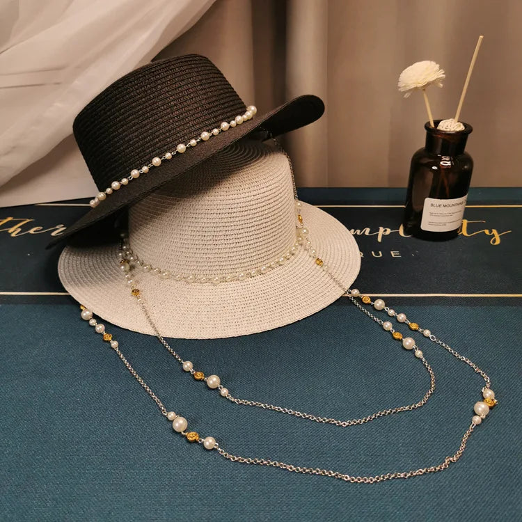 Summer Elegant Pearl Chain Flat Sun Hats for Women