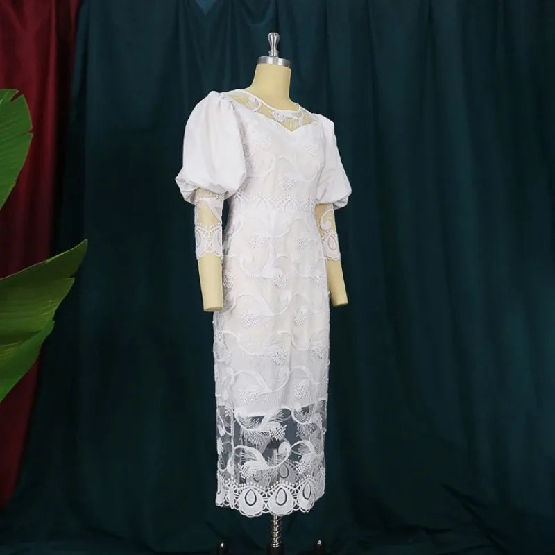 Lantern Sleeve Embroidery White Lace Bodycon Dress