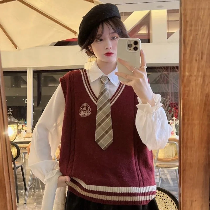 Spring Autumn Winter JK Uniform Knit Vest White Shirt with Tie