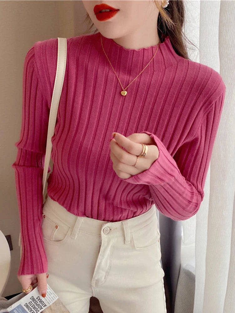 Autumn Winter Knitted Ribbed Turtleneck Sweater Women