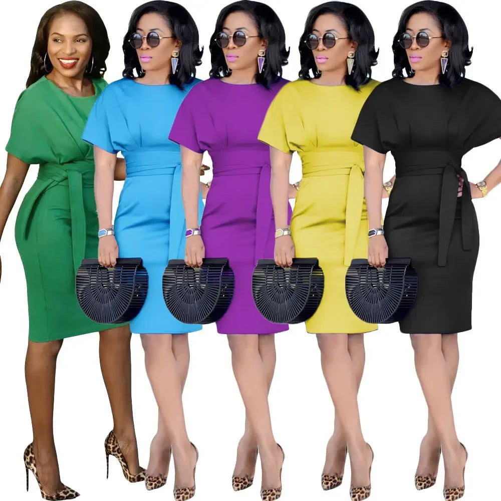 Women's Elegant Pencil Midi Dress Short Sleeve Party Dresses
