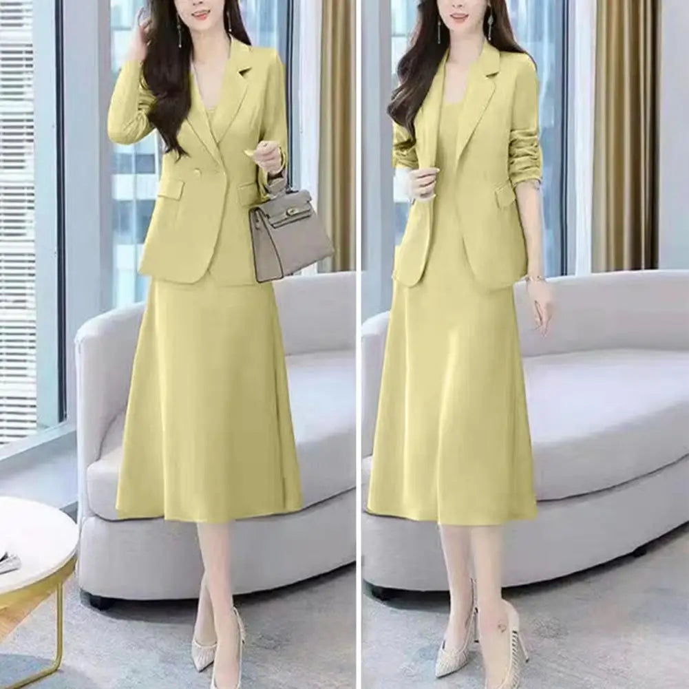 Women Coat Pants Suit OL Commute Turn-down Collar Long Suit