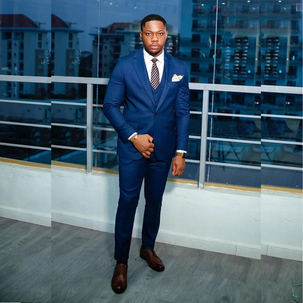 Elegant Blue Men's Suits Slim Fit Male Clothing One Button Notch