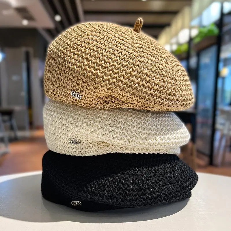 Women Fixed Pleated Paper Straw Beret Summer