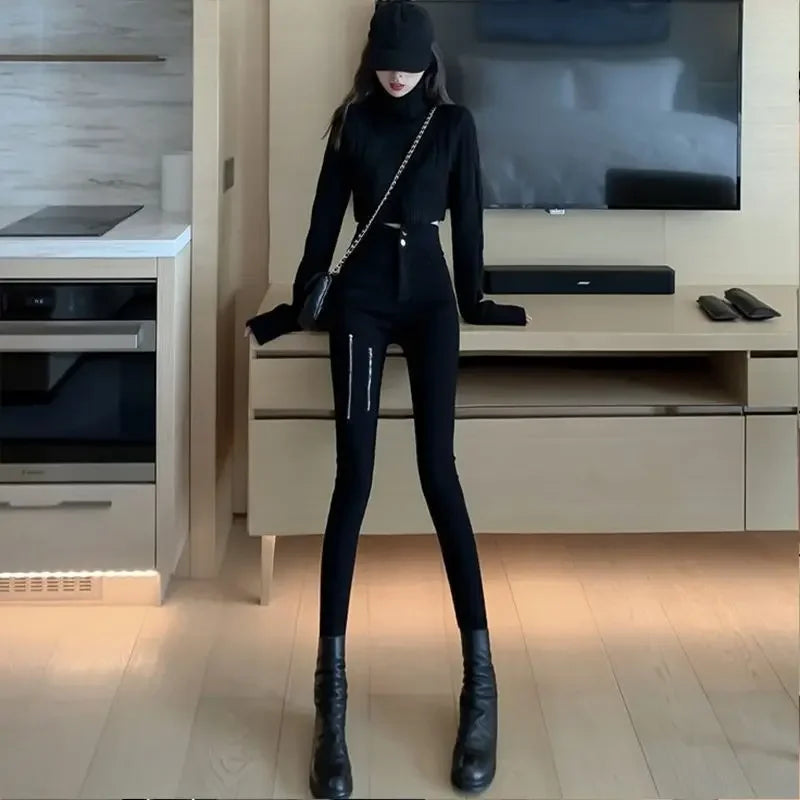 Woman Jeans Pants  Breasted Zipper Skinny Pants