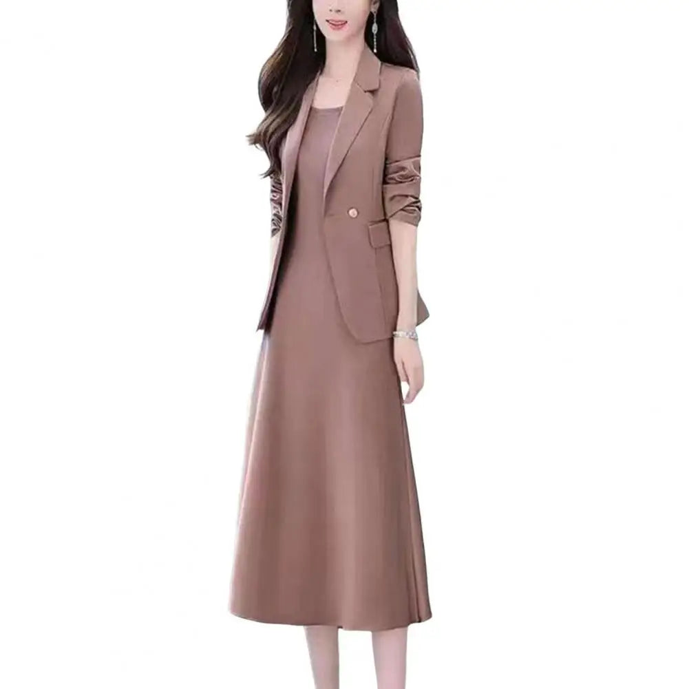 Women Coat Pants Suit OL Commute Turn-down Collar Long Suit