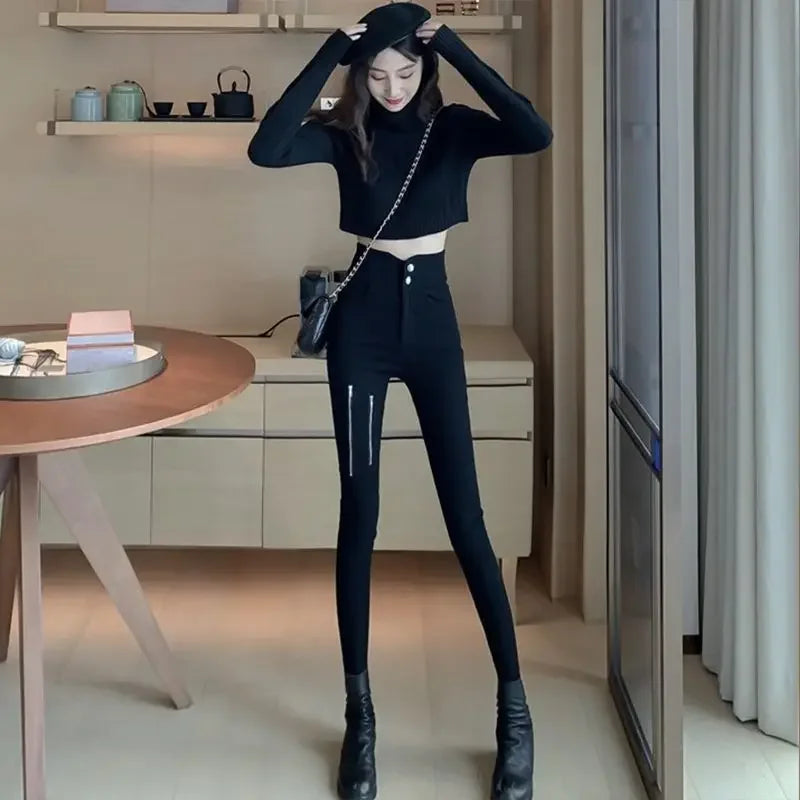 Woman Jeans Pants  Breasted Zipper Skinny Pants