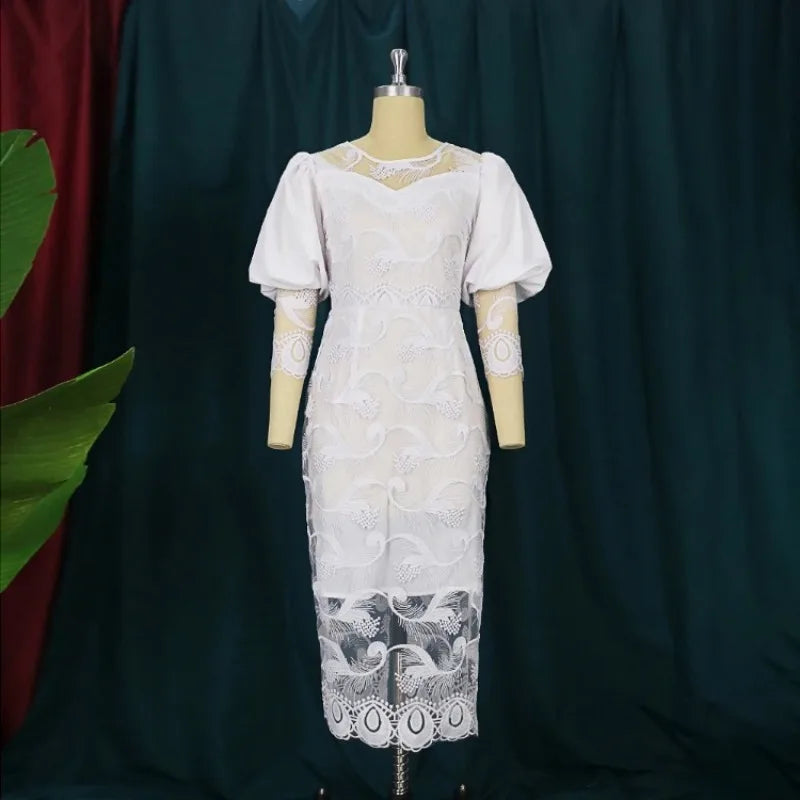 Lantern Sleeve Embroidery White Lace Bodycon Dress