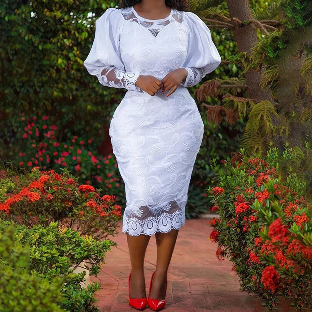 Lantern Sleeve Embroidery White Lace Bodycon Dress