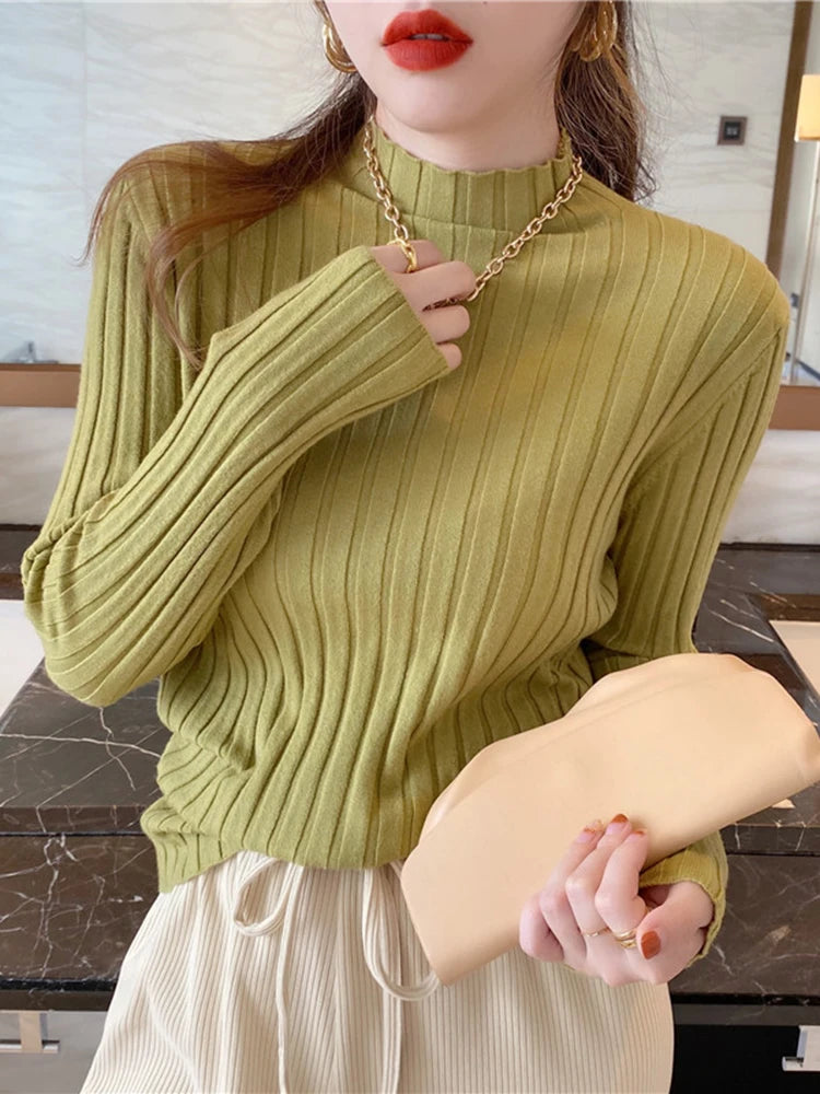 Autumn Winter Knitted Ribbed Turtleneck Sweater Women