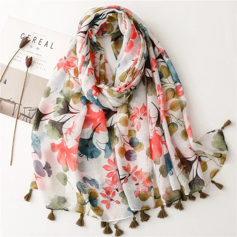 Floral Tassel Viscose Scarf Women Shawls