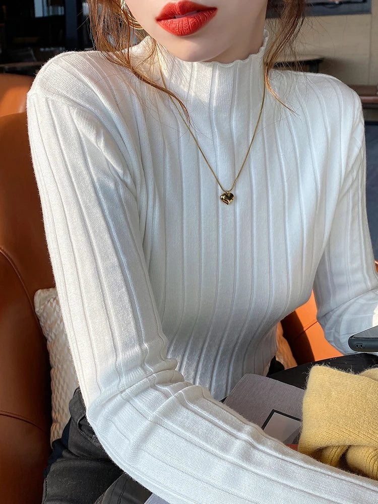 Autumn Winter Knitted Ribbed Turtleneck Sweater Women