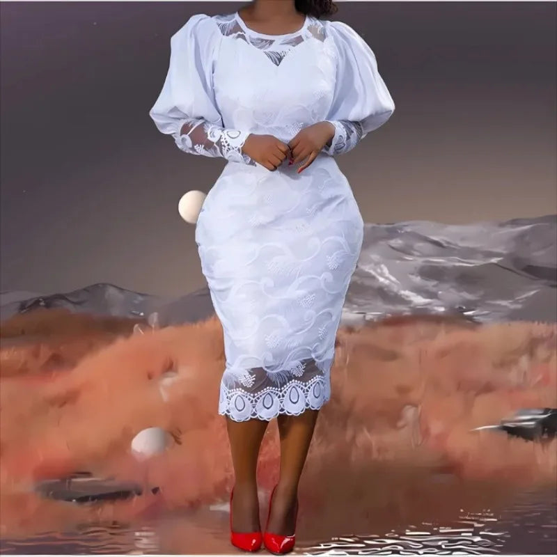 Lantern Sleeve Embroidery White Lace Bodycon Dress