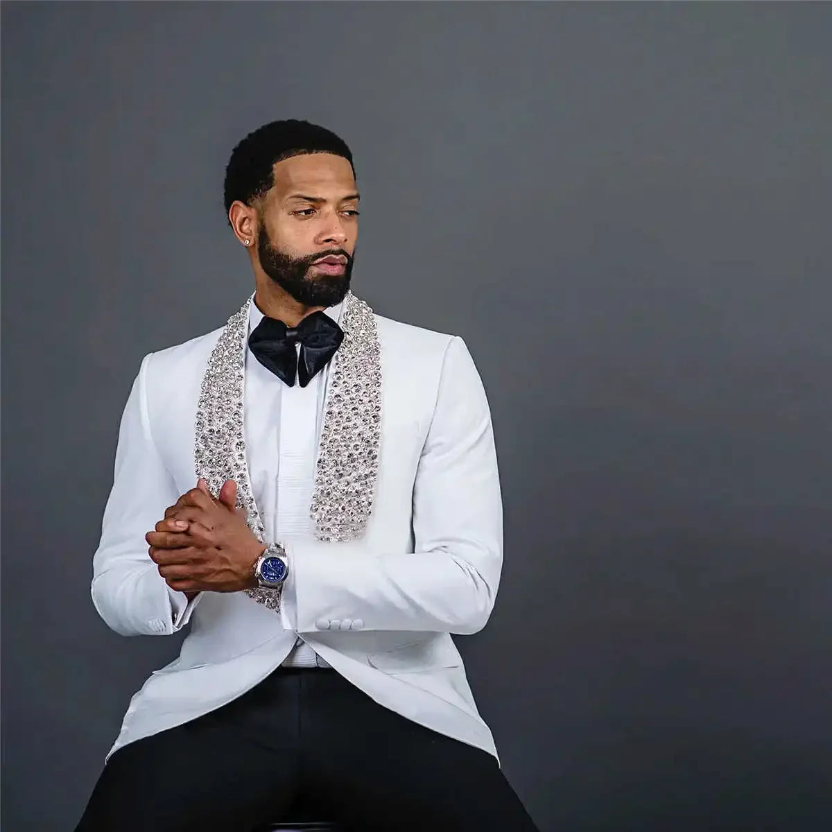 Luxury White Men's Suits Crystal Beads Slim Fit Wedding Groom