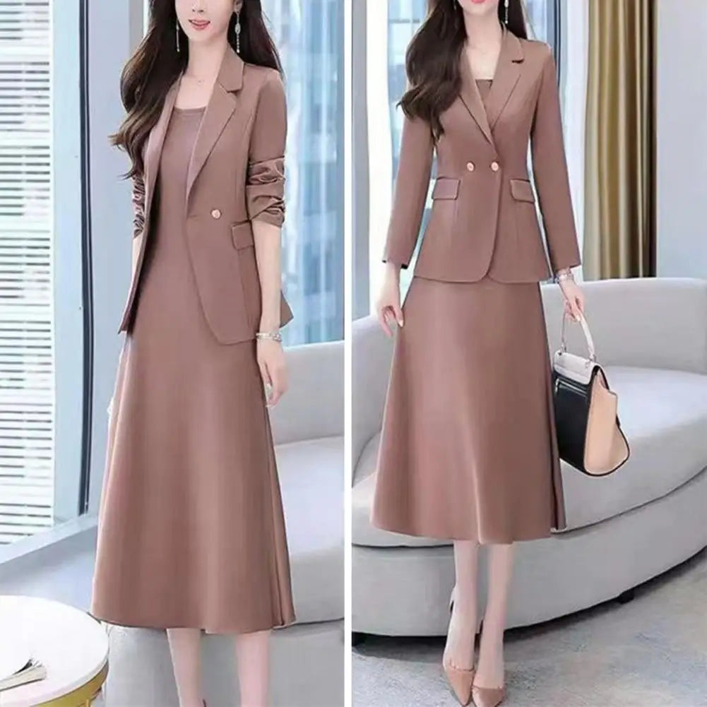 Women Coat Pants Suit OL Commute Turn-down Collar Long Suit