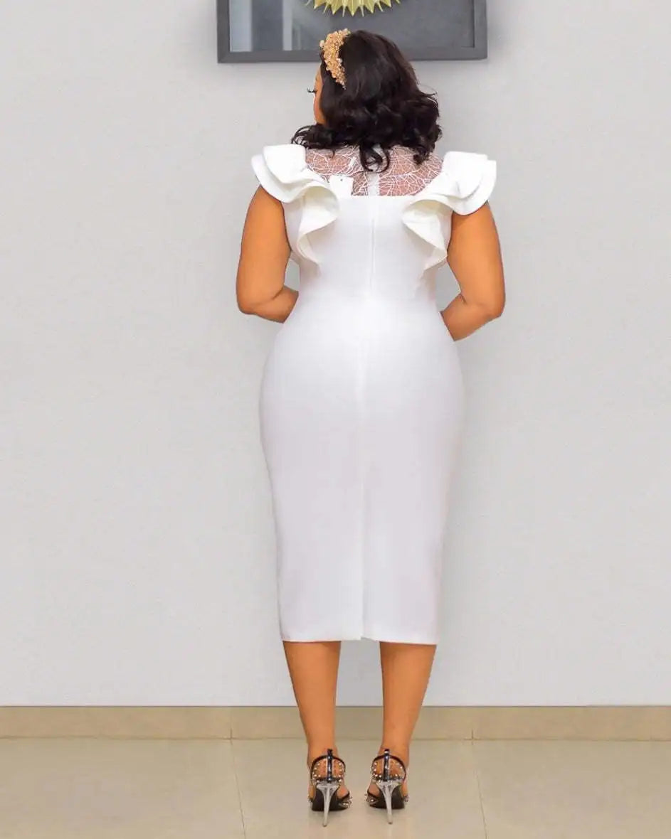 African Women Sleeveless Polyester White Knee-length Dress