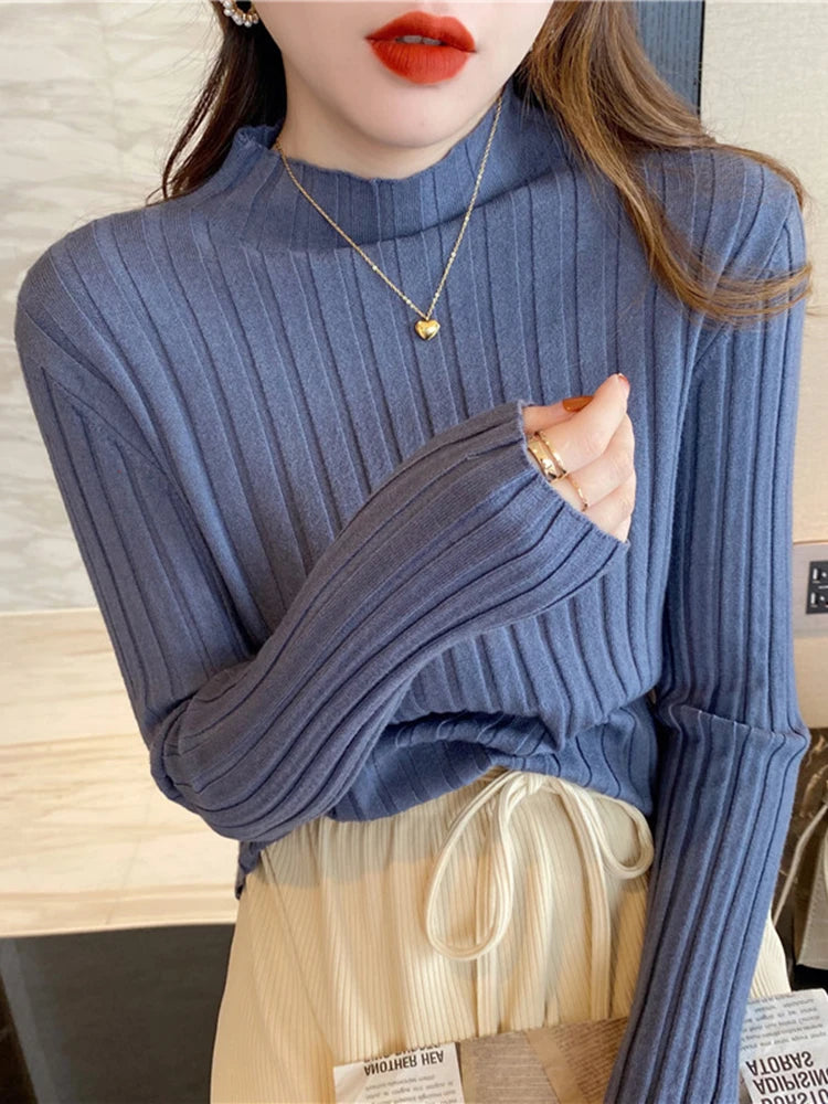 Autumn Winter Knitted Ribbed Turtleneck Sweater Women