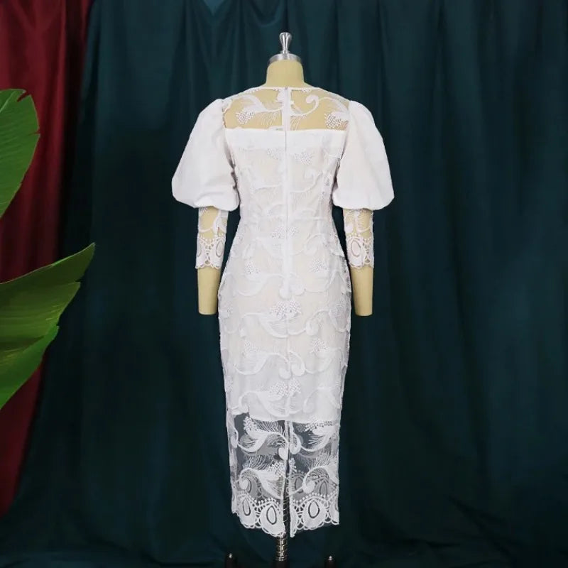 Lantern Sleeve Embroidery White Lace Bodycon Dress