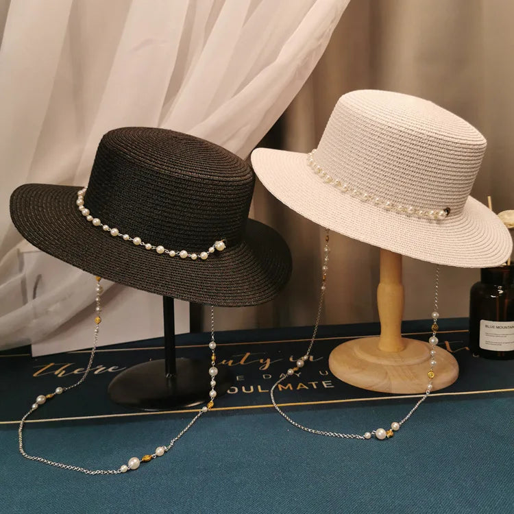Summer Elegant Pearl Chain Flat Sun Hats for Women