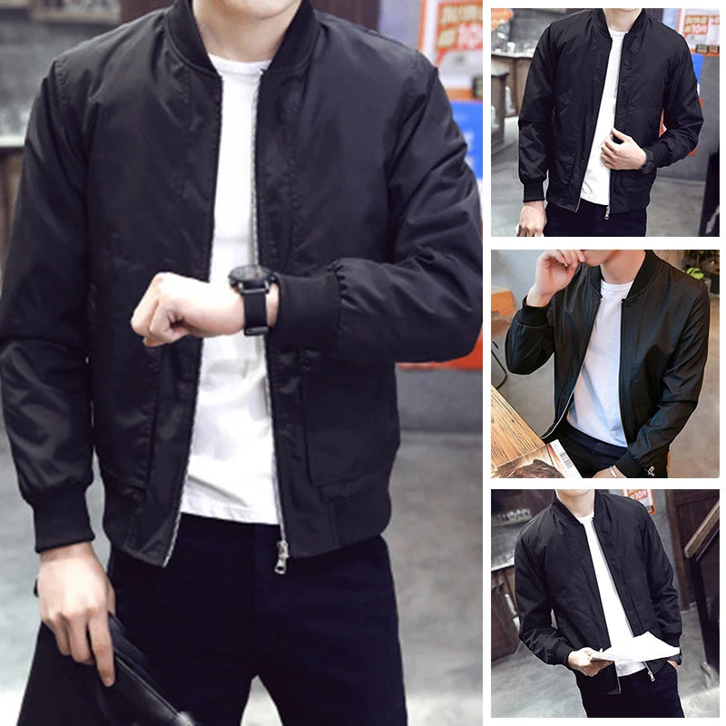 Men's Casual Black Thin Slim Fit Stand Collar Long Sleeved
